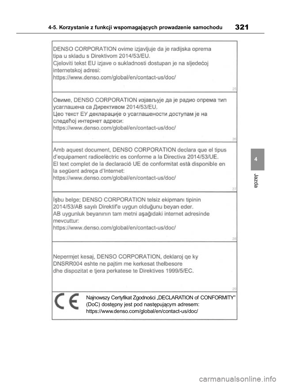 TOYOTA HIGHLANDER 2020 Instrukcja obsługi (in Polish) Jazda
4-5. Korzystanie z funkcji wspomagajàcych prowadzenie samochodu321
4
Najnowszy Cer tyfikat ZgodnoÊci „DECLARATION of CONFORMITY”
(DoC) dost´pny jest pod nast´pujàcym adresem:
https://ww TOYOTA HIGHLANDER 2020 Instrukcja obsługi (in Polish) Jazda
4-5. Korzystanie z funkcji wspomagajàcych prowadzenie samochodu321
4
Najnowszy Cer tyfikat ZgodnoÊci „DECLARATION of CONFORMITY”
(DoC) dost´pny jest pod nast´pujàcym adresem:
https://ww