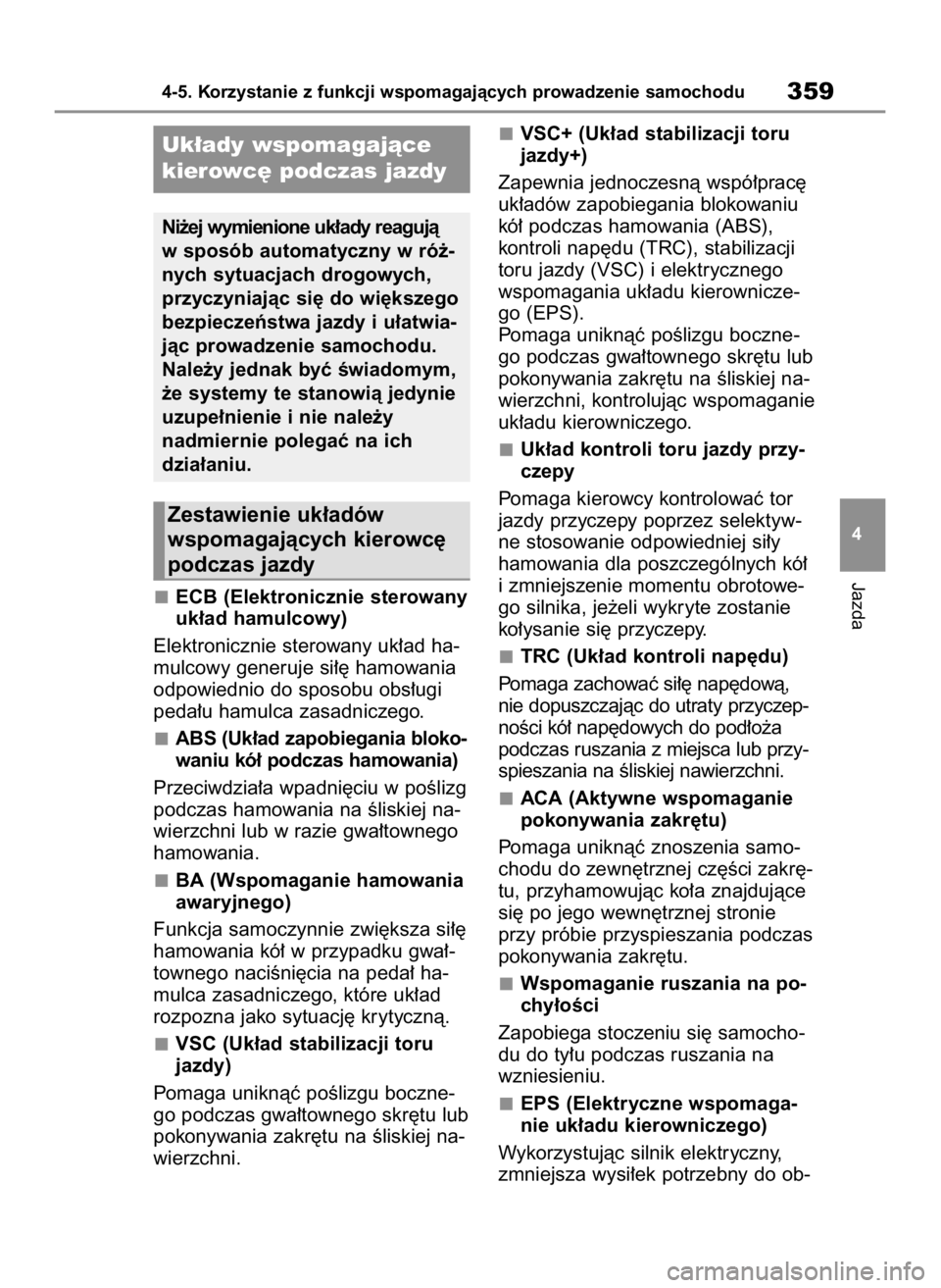 TOYOTA HIGHLANDER 2020 Instrukcja obsługi (in Polish) ECB (Elektronicznie sterowany
uk∏ad hamulcowy)
Elektronicznie sterowany uk∏ad ha-
mulcowy generuje si∏´ hamowania
odpowiednio do sposobu obs∏ugi
peda∏u hamulca zasadniczego.
ABS (Uk∏ad za TOYOTA HIGHLANDER 2020 Instrukcja obsługi (in Polish) ECB (Elektronicznie sterowany
uk∏ad hamulcowy)
Elektronicznie sterowany uk∏ad ha-
mulcowy generuje si∏´ hamowania
odpowiednio do sposobu obs∏ugi
peda∏u hamulca zasadniczego.
ABS (Uk∏ad za