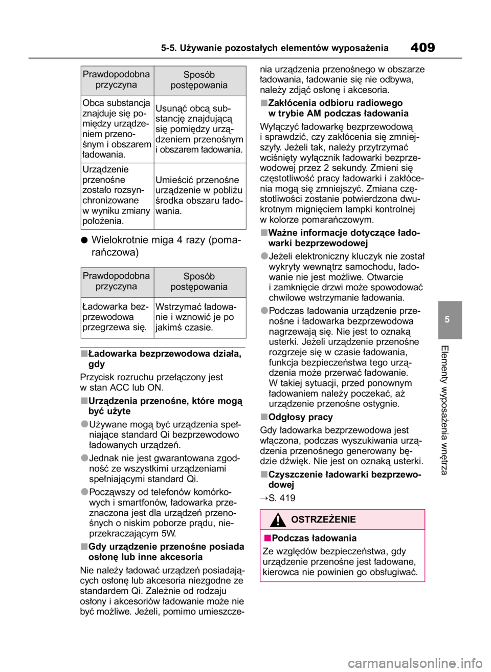 TOYOTA HIGHLANDER 2020  Instrukcja obsługi (in Polish) Wielokrotnie miga 4 razy (poma-
raƒczowa)
¸adowarka bezprzewodowa dzia∏a,
gdy
Przycisk rozruchu prze∏àczony jest
w stan ACC lub ON.
Urzàdzenia przenoÊne, które mogà
byç u˝yte
U˝ywane mog