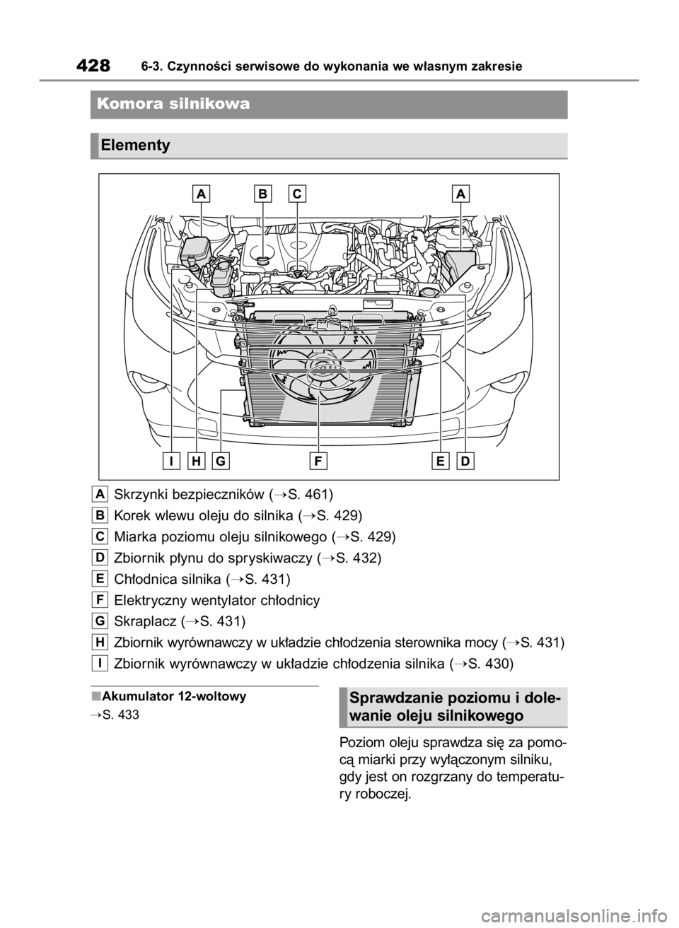 TOYOTA HIGHLANDER 2020  Instrukcja obsługi (in Polish) Akumulator 12-woltowy
S. 433
Poziom oleju sprawdza si´ za pomo-
cà miarki przy wy∏àczonym silniku,
gdy jest on rozgrzany do temperatu-
ry roboczej.
4286-3. CzynnoÊci serwisowe do wykonania we w