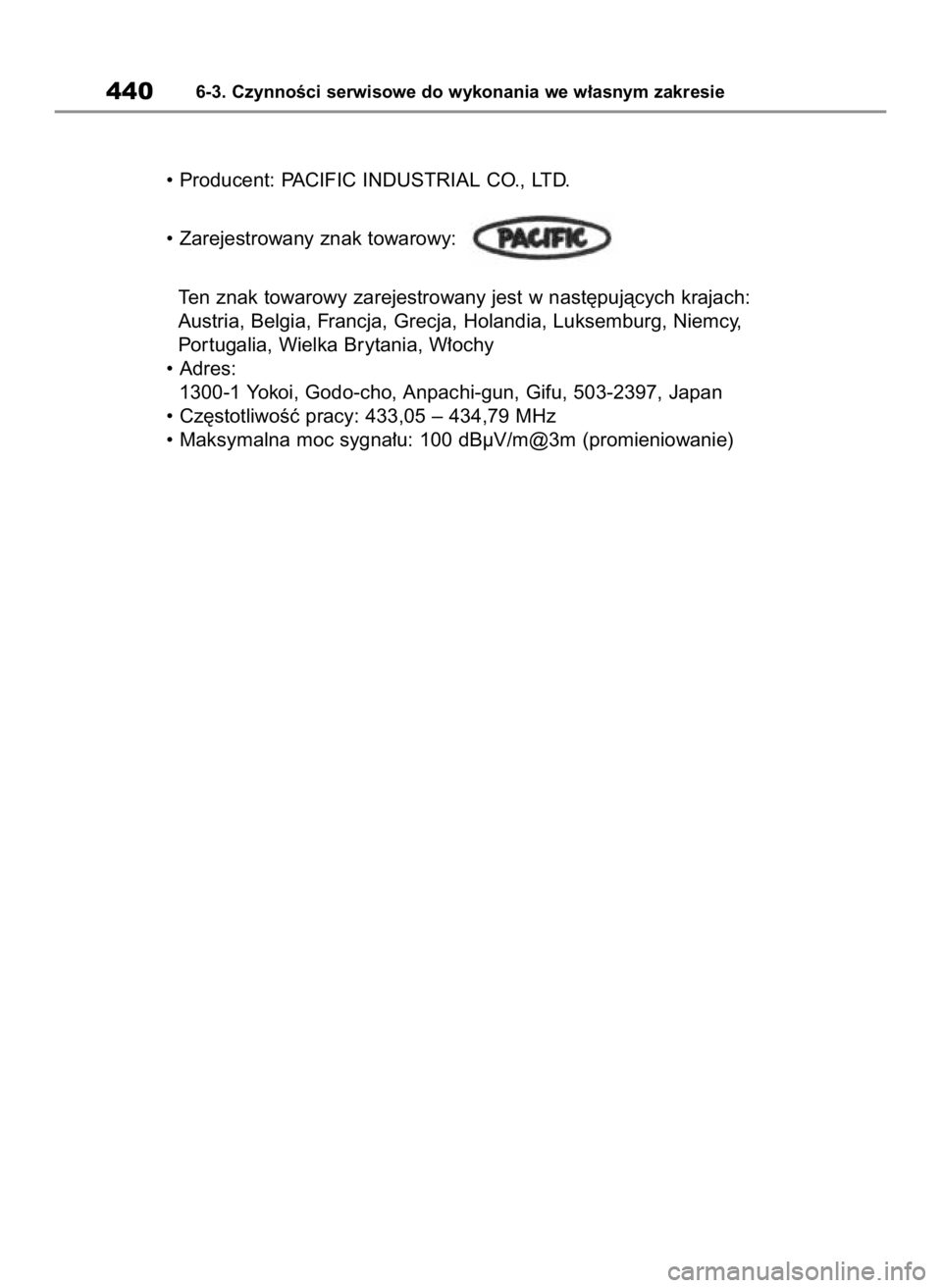 TOYOTA HIGHLANDER 2020  Instrukcja obsługi (in Polish) 4406-3. CzynnoÊci serwisowe do wykonania we w∏asnym zakresie
• Producent: PACIFIC INDUSTRIAL CO., LTD.
• Zarejestrowany znak towarowy:
Ten znak towarowy zarejestrowany jest w nast´pujàcych kr