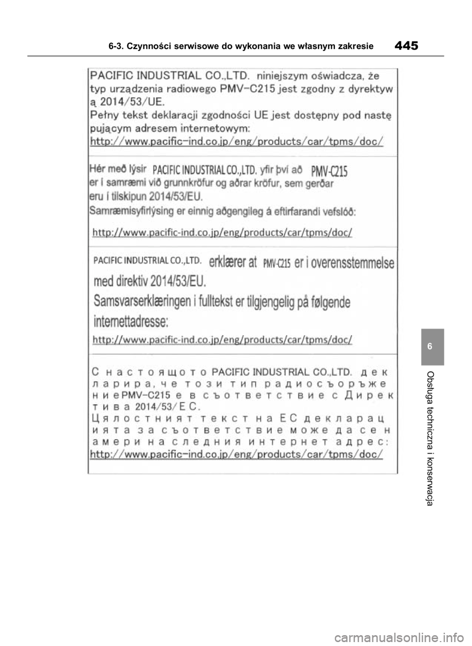 TOYOTA HIGHLANDER 2020 Instrukcja obsługi (in Polish) Obs∏uga techniczna i konserwacja
6-3. CzynnoÊci serwisowe do wykonania we w∏asnym zakresie445
6
71 Highlander HV OM48G42E 1/26/21 10:47 AM Page 445 TOYOTA HIGHLANDER 2020 Instrukcja obsługi (in Polish) Obs∏uga techniczna i konserwacja
6-3. CzynnoÊci serwisowe do wykonania we w∏asnym zakresie445
6
71 Highlander HV OM48G42E 1/26/21 10:47 AM Page 445