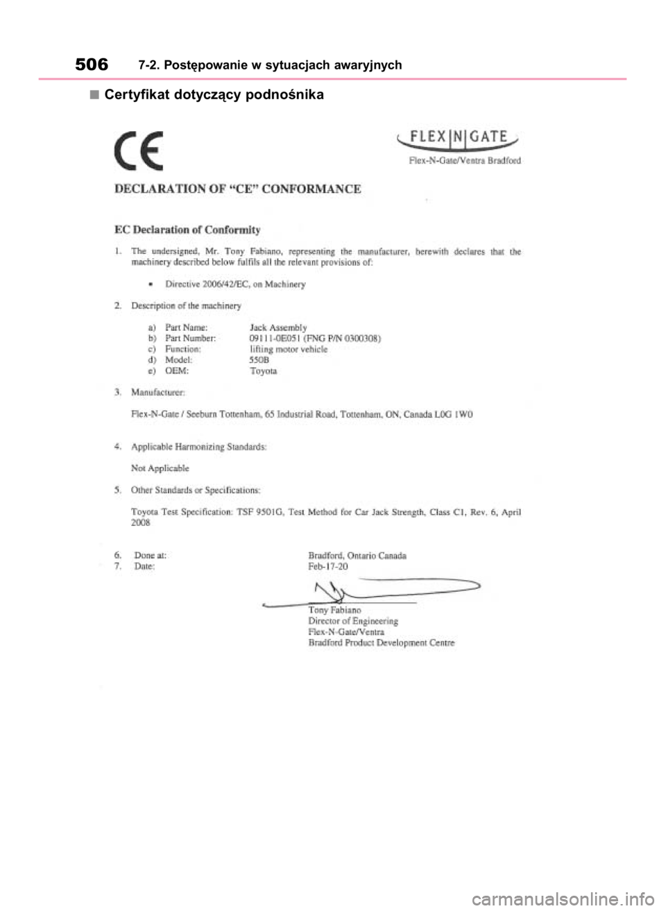 TOYOTA HIGHLANDER 2020  Instrukcja obsługi (in Polish) Certyfikat dotyczàcy podnoÊnika
5067-2. Post´powanie w sytuacjach awaryjnych
71 Highlander HV OM48G42E   1/26/21  10:48 AM  Page 506 