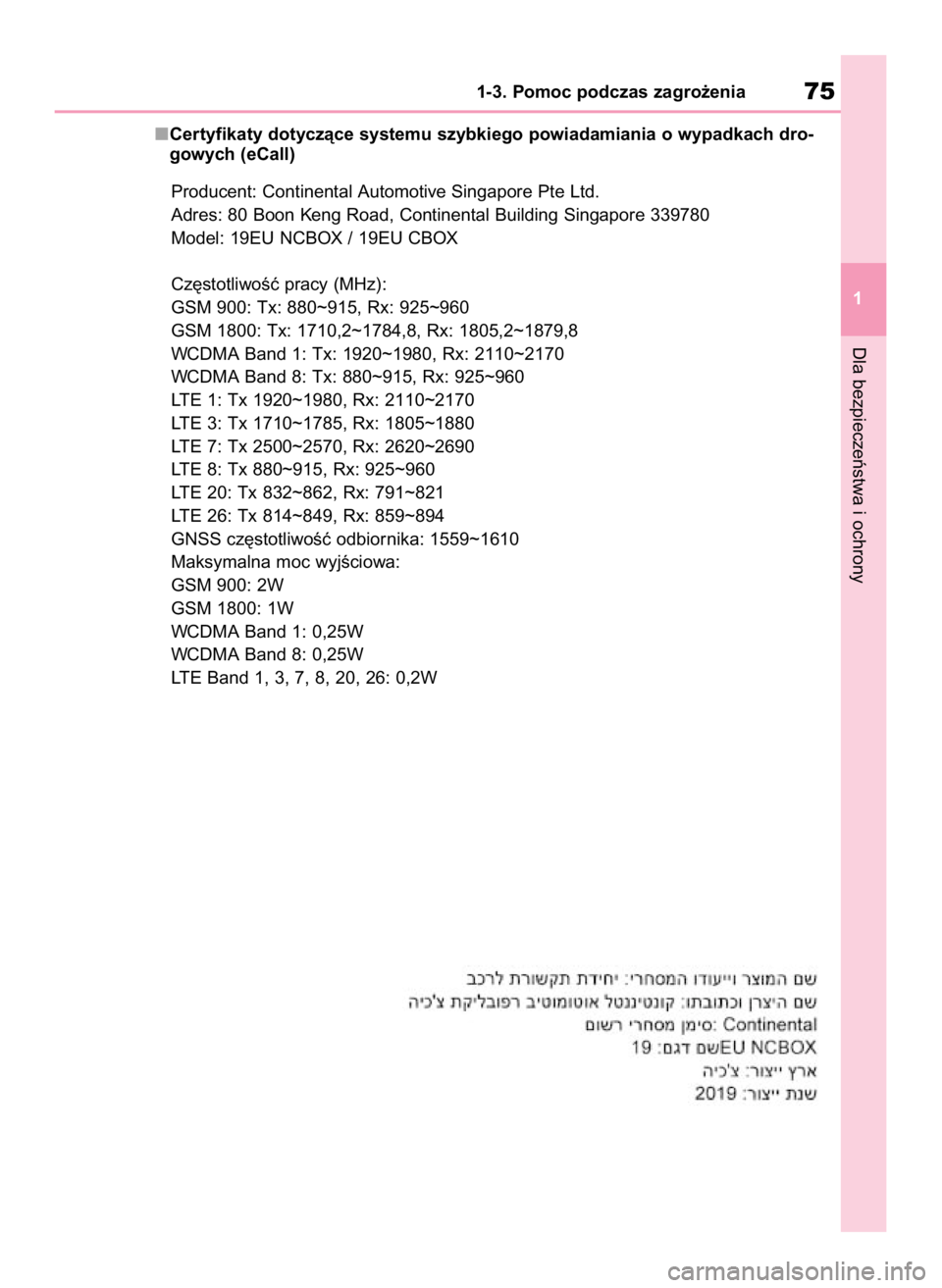 TOYOTA HIGHLANDER 2020 Instrukcja obsługi (in Polish) Certyfikaty dotyczàce systemu szybkiego powiadamiania o wypadkach dro-
gowych (eCall)
Dla bezpieczeƒstwa i ochrony
1-3. Pomoc podczas zagro˝enia75
1
Producent: Continental Automotive Singapore Pte TOYOTA HIGHLANDER 2020 Instrukcja obsługi (in Polish) Certyfikaty dotyczàce systemu szybkiego powiadamiania o wypadkach dro-
gowych (eCall)
Dla bezpieczeƒstwa i ochrony
1-3. Pomoc podczas zagro˝enia75
1
Producent: Continental Automotive Singapore Pte