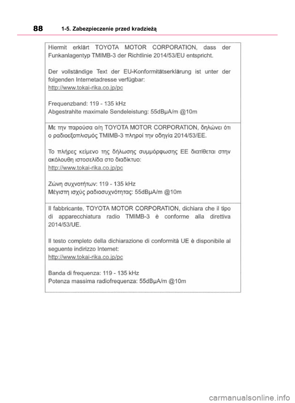 TOYOTA HIGHLANDER 2020 Instrukcja obsługi (in Polish) 881-5. Zabezpieczenie przed kradzie˝à
71 Highlander HV OM48G42E 1/26/21 10:44 AM Page 88 TOYOTA HIGHLANDER 2020 Instrukcja obsługi (in Polish) 881-5. Zabezpieczenie przed kradzie˝à
71 Highlander HV OM48G42E 1/26/21 10:44 AM Page 88
