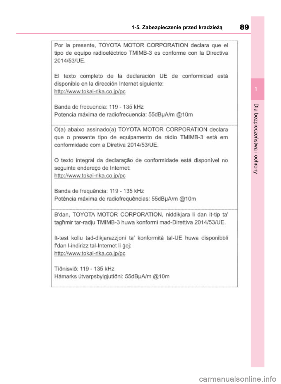 TOYOTA HIGHLANDER 2020 Instrukcja obsługi (in Polish) Dla bezpieczeƒstwa i ochrony
1-5. Zabezpieczenie przed kradzie˝à89
1
71 Highlander HV OM48G42E 1/26/21 10:44 AM Page 89 TOYOTA HIGHLANDER 2020 Instrukcja obsługi (in Polish) Dla bezpieczeƒstwa i ochrony
1-5. Zabezpieczenie przed kradzie˝à89
1
71 Highlander HV OM48G42E 1/26/21 10:44 AM Page 89