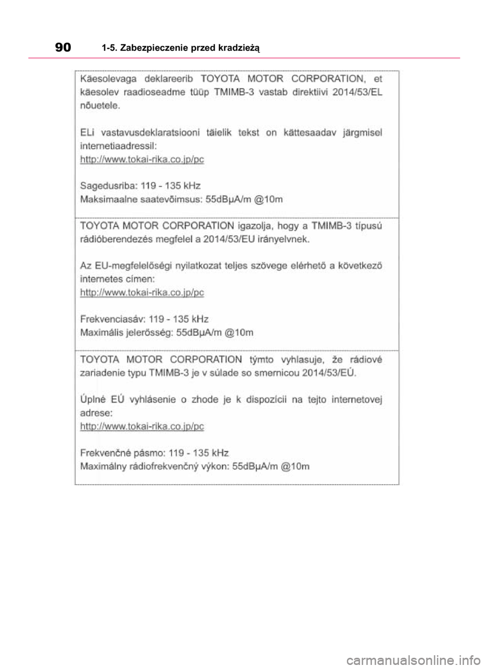 TOYOTA HIGHLANDER 2020 Instrukcja obsługi (in Polish) 901-5. Zabezpieczenie przed kradzie˝à
71 Highlander HV OM48G42E 1/26/21 10:44 AM Page 90 TOYOTA HIGHLANDER 2020 Instrukcja obsługi (in Polish) 901-5. Zabezpieczenie przed kradzie˝à
71 Highlander HV OM48G42E 1/26/21 10:44 AM Page 90