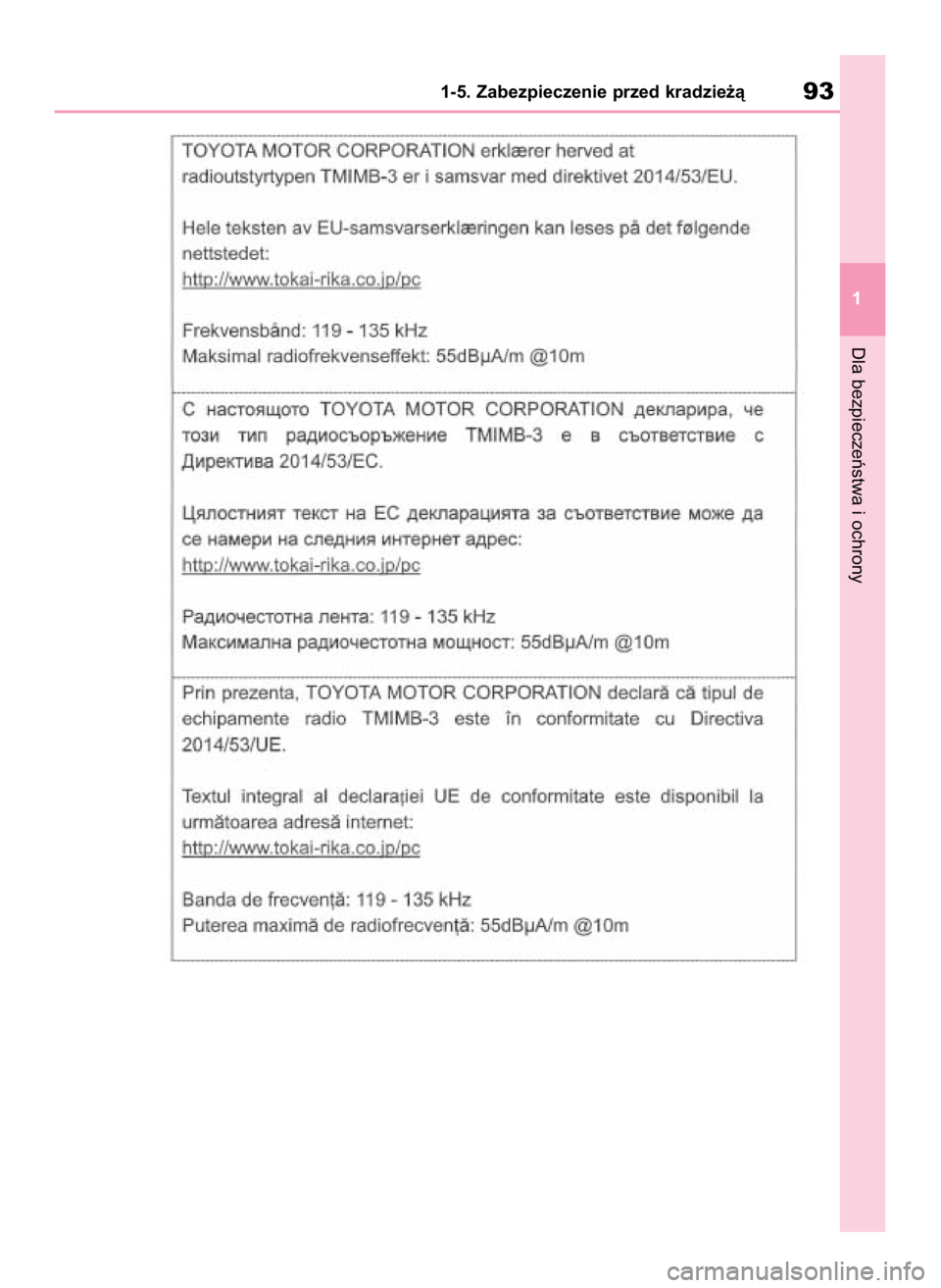 TOYOTA HIGHLANDER 2020  Instrukcja obsługi (in Polish) Dla bezpieczeƒstwa i ochrony
1-5. Zabezpieczenie przed kradzie˝à93
1
71 Highlander HV OM48G42E   1/26/21  10:44 AM  Page 93 