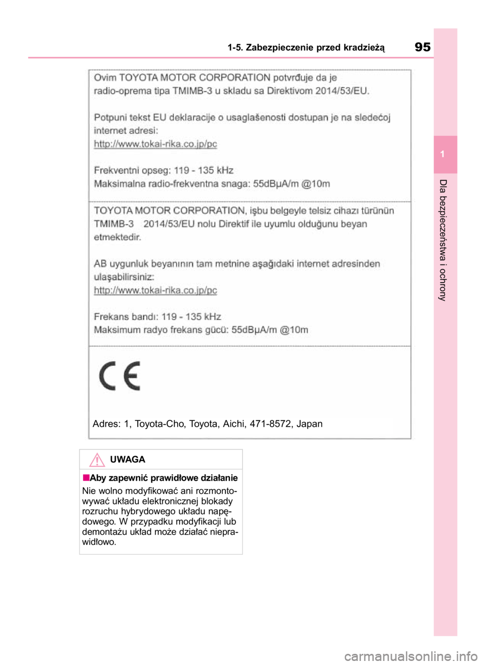 TOYOTA HIGHLANDER 2020  Instrukcja obsługi (in Polish) Dla bezpieczeƒstwa i ochrony
1-5. Zabezpieczenie przed kradzie˝à95
1
UWAGA
Aby zapewniç prawid∏owe dzia∏anie
Nie wolno modyfikowaç ani rozmonto-
wywaç uk∏adu elektronicznej blokady
rozruch