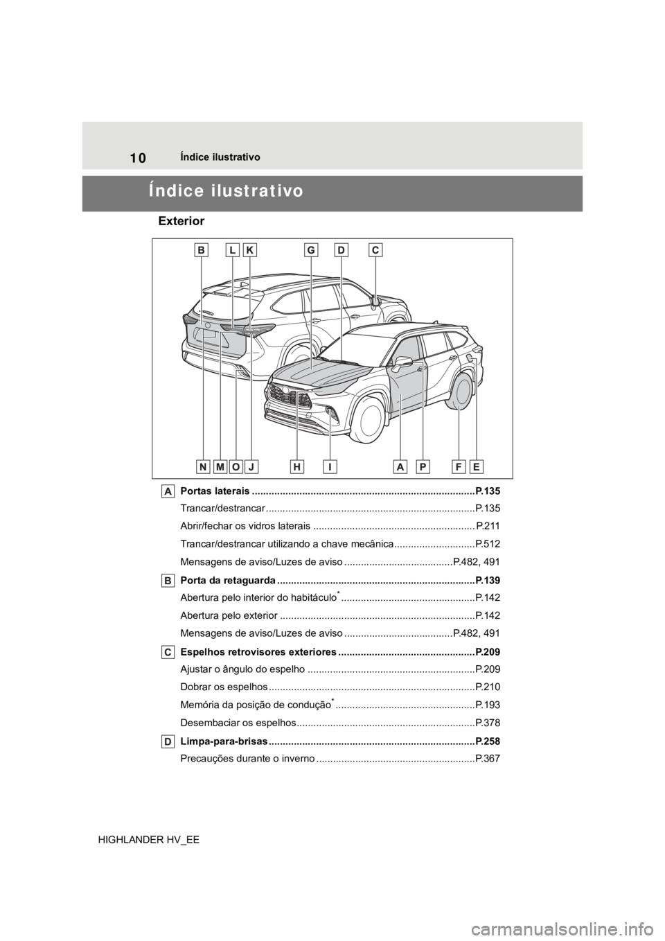 TOYOTA HIGHLANDER 2020 Manual de utilização (in Portuguese) 10Índice ilustrativo
HIGHLANDER HV_EE
Índice ilustrativo
Exterior
Portas laterais ................................................................................P.135
Trancar/destrancar ........... TOYOTA HIGHLANDER 2020 Manual de utilização (in Portuguese) 10Índice ilustrativo
HIGHLANDER HV_EE
Índice ilustrativo
Exterior
Portas laterais ................................................................................P.135
Trancar/destrancar ...........
