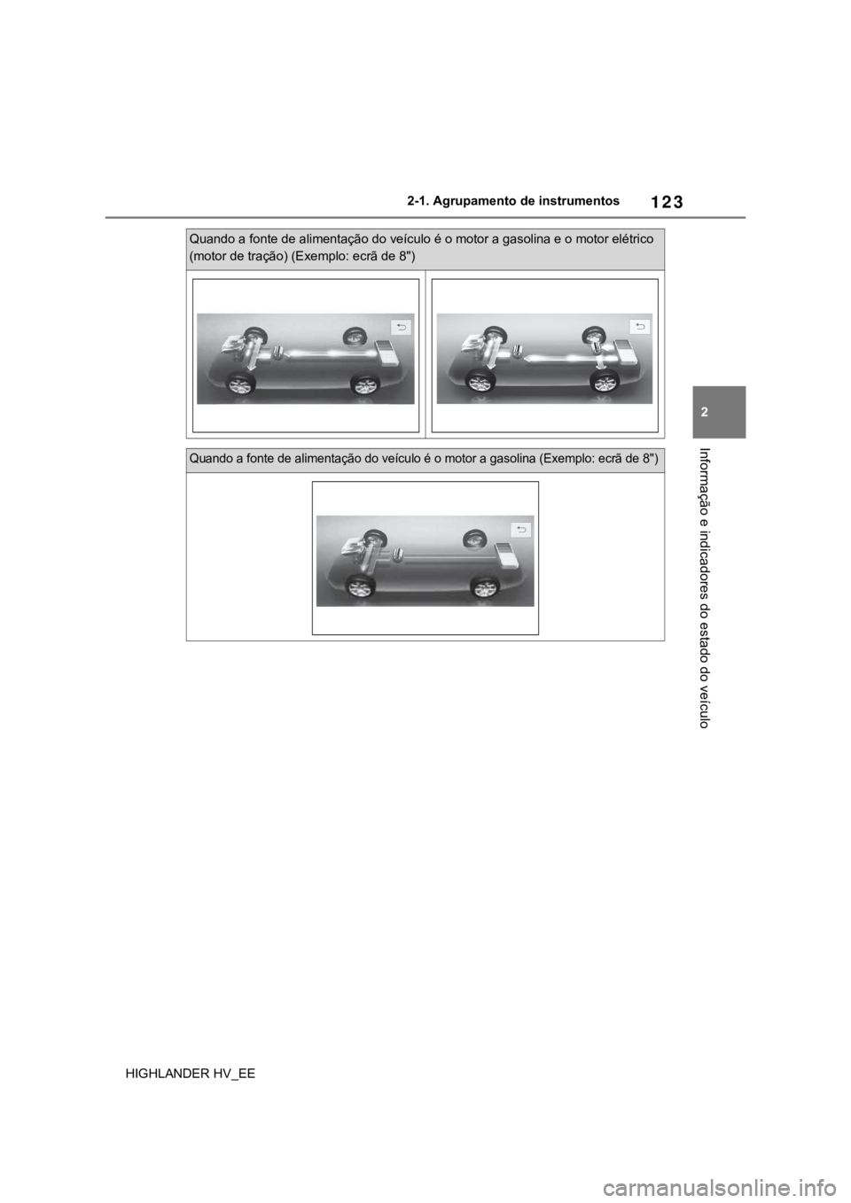 TOYOTA HIGHLANDER 2020 Manual de utilização (in Portuguese) 123
2 2-1. Agrupamento de instrumentos
Informação e indicadores do estado do veículo
HIGHLANDER HV_EE
Quando a fonte de alimentação do veículo é o motor a gasolina e o motor elétrico
(motor d TOYOTA HIGHLANDER 2020 Manual de utilização (in Portuguese) 123
2 2-1. Agrupamento de instrumentos
Informação e indicadores do estado do veículo
HIGHLANDER HV_EE
Quando a fonte de alimentação do veículo é o motor a gasolina e o motor elétrico
(motor d