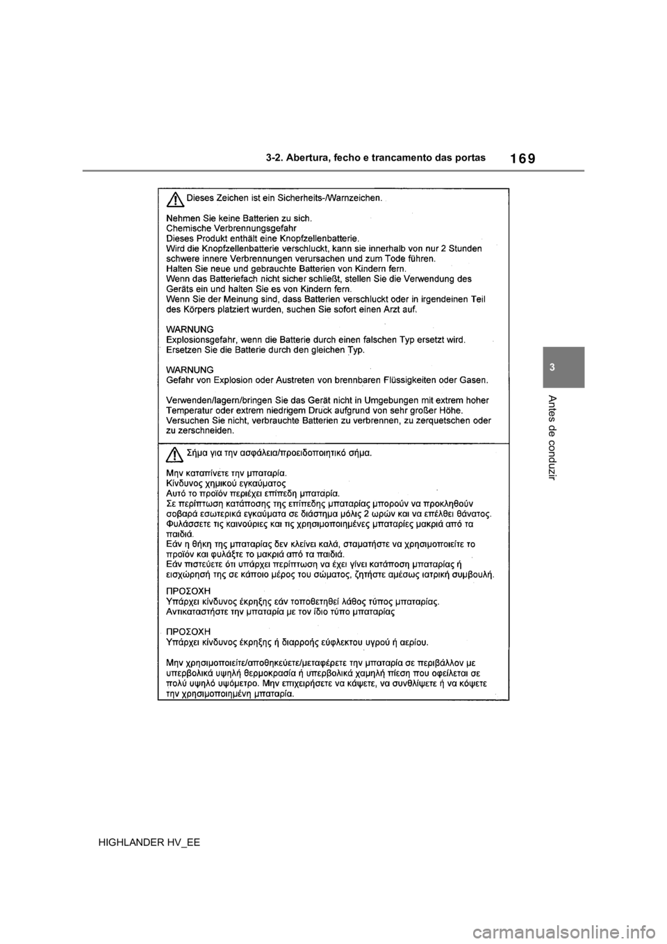 TOYOTA HIGHLANDER 2020  Manual de utilização (in Portuguese) 169
3 3-2. Abertura, fecho e trancamento das portas
Antes de conduzir
HIGHLANDER HV_EE 