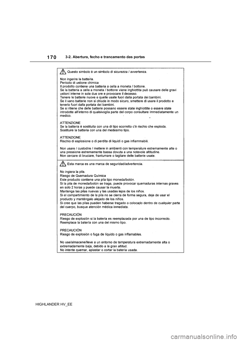 TOYOTA HIGHLANDER 2020  Manual de utilização (in Portuguese) 1703-2. Abertura, fecho e trancamento das portas
HIGHLANDER HV_EE 