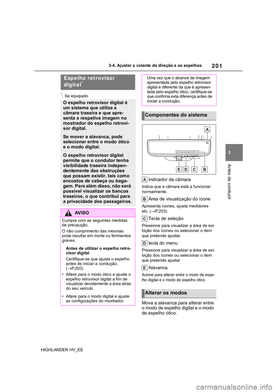 TOYOTA HIGHLANDER 2020  Manual de utilização (in Portuguese) 201
3 3-4. Ajustar o volante da direção e os espelhos
Antes de conduzir
HIGHLANDER HV_EE
*: Se equipado
Indicador da câmara
Indica que a câmara está a funcionar 
normalmente.
Área de visualizaç