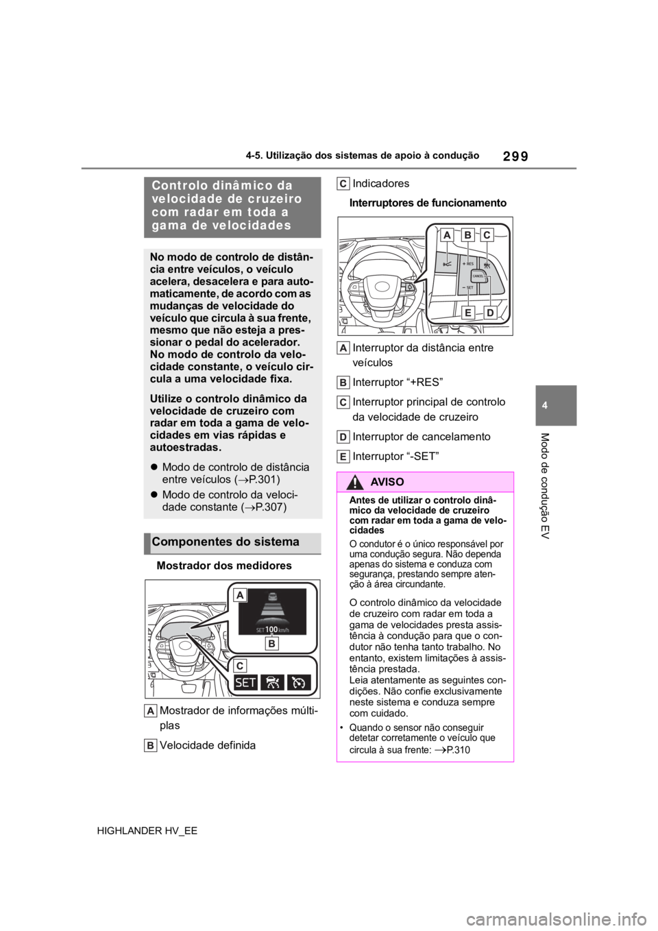 TOYOTA HIGHLANDER 2020 Manual de utilização (in Portuguese) 299
4 4-5. Utilização dos sistemas de apoio à condução
Modo de condução EV
HIGHLANDER HV_EE
Mostrador dos medidores
Mostrador de informações múlti-
plas
Velocidade definidaIndicadores
Interr TOYOTA HIGHLANDER 2020 Manual de utilização (in Portuguese) 299
4 4-5. Utilização dos sistemas de apoio à condução
Modo de condução EV
HIGHLANDER HV_EE
Mostrador dos medidores
Mostrador de informações múlti-
plas
Velocidade definidaIndicadores
Interr