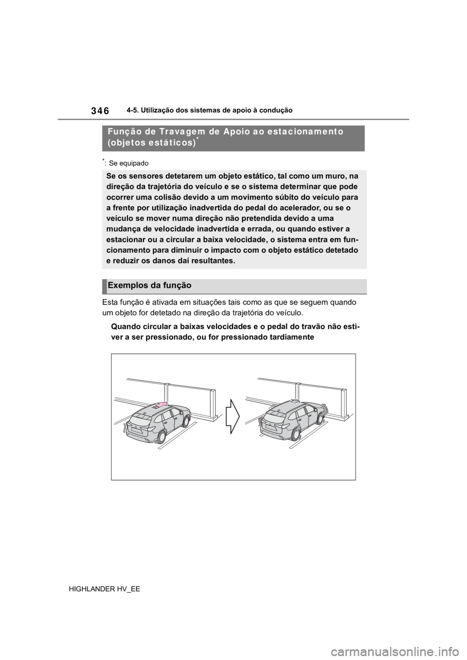TOYOTA HIGHLANDER 2020 Manual de utilização (in Portuguese) 3464-5. Utilização dos sistemas de apoio à condução
HIGHLANDER HV_EE
*: Se equipado
Esta função é ativada em situações tais como as que se seguem quando
um objeto for detetado na direção TOYOTA HIGHLANDER 2020 Manual de utilização (in Portuguese) 3464-5. Utilização dos sistemas de apoio à condução
HIGHLANDER HV_EE
*: Se equipado
Esta função é ativada em situações tais como as que se seguem quando
um objeto for detetado na direção