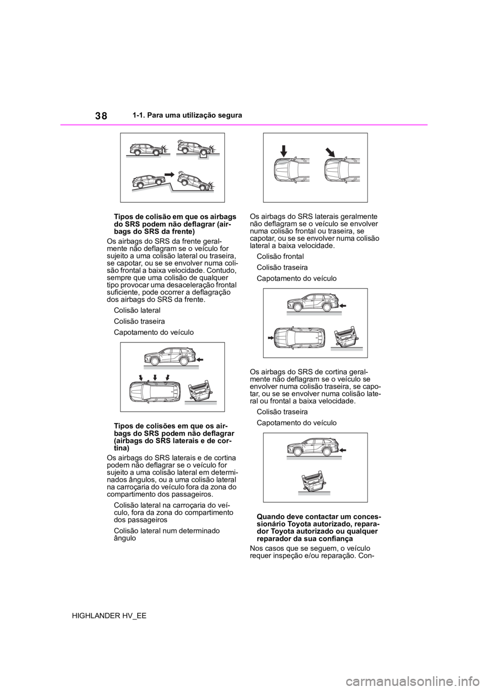 TOYOTA HIGHLANDER 2020 Manual de utilização (in Portuguese) 381-1. Para uma utilização segura
HIGHLANDER HV_EETipos de colisão em que os airbags
do SRS podem não deflagrar (air-
bags do SRS da frente)
Os airbags do SRS da frente geral-
mente não deflagra TOYOTA HIGHLANDER 2020 Manual de utilização (in Portuguese) 381-1. Para uma utilização segura
HIGHLANDER HV_EETipos de colisão em que os airbags
do SRS podem não deflagrar (air-
bags do SRS da frente)
Os airbags do SRS da frente geral-
mente não deflagra