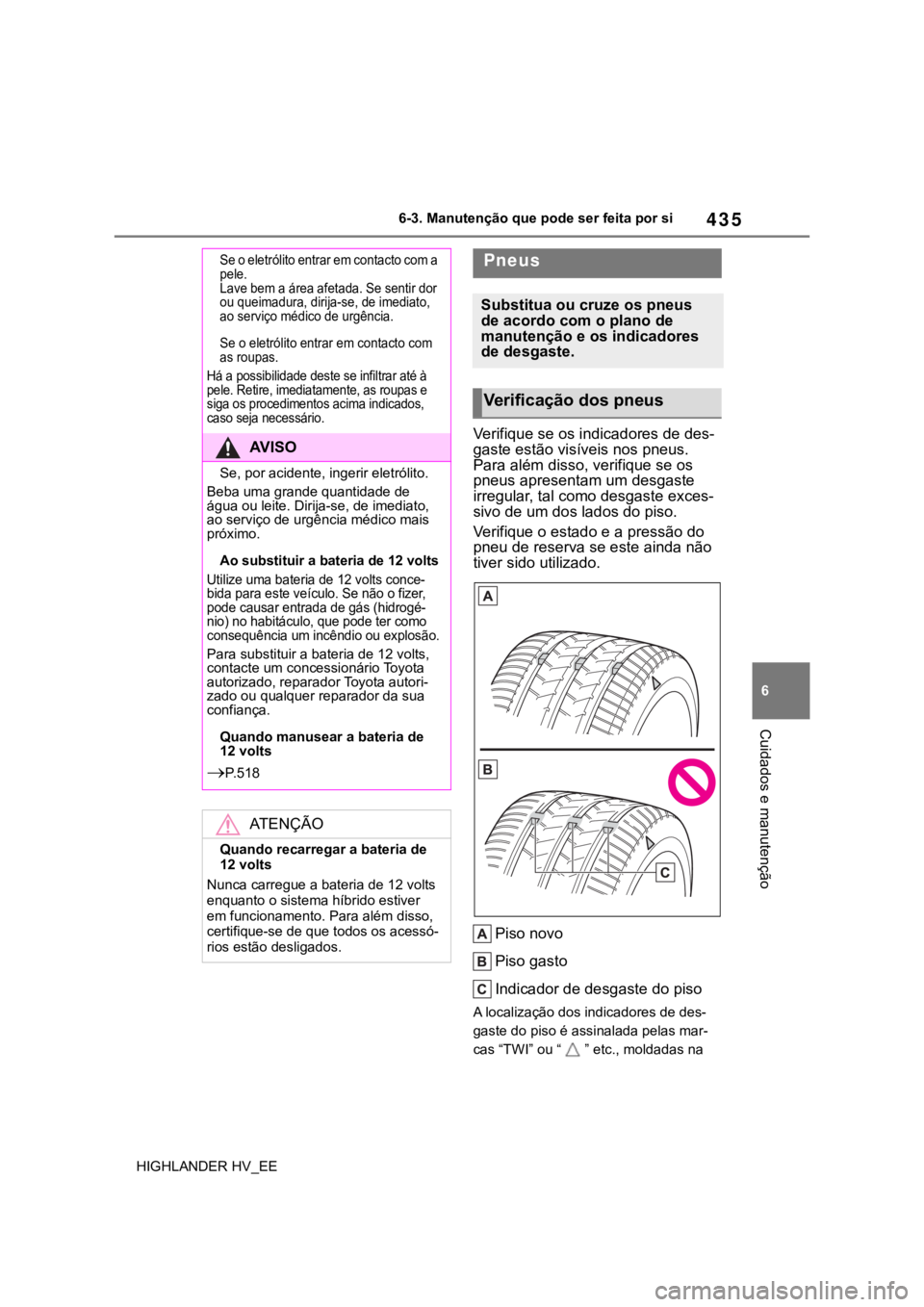 TOYOTA HIGHLANDER 2020 Manual de utilização (in Portuguese) 435
6 6-3. Manutenção que pode ser feita por si
Cuidados e manutenção
HIGHLANDER HV_EE
Verifique se os indicadores de des-
gaste estão visíveis nos pneus.
Para além disso, verifique se os
pne TOYOTA HIGHLANDER 2020 Manual de utilização (in Portuguese) 435
6 6-3. Manutenção que pode ser feita por si
Cuidados e manutenção
HIGHLANDER HV_EE
Verifique se os indicadores de des-
gaste estão visíveis nos pneus.
Para além disso, verifique se os
pne