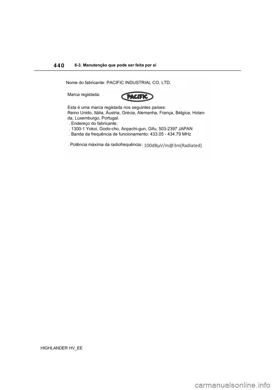 TOYOTA HIGHLANDER 2020 Manual de utilização (in Portuguese) 4406-3. Manutenção que pode ser feita por si
HIGHLANDER HV_EE
Nome do fabricante: PACIFIC INDUSTRIAL CO, LTD.
Marca registada:
Esta é uma marca registada nos seguintes países:
Reino Unido, Itália TOYOTA HIGHLANDER 2020 Manual de utilização (in Portuguese) 4406-3. Manutenção que pode ser feita por si
HIGHLANDER HV_EE
Nome do fabricante: PACIFIC INDUSTRIAL CO, LTD.
Marca registada:
Esta é uma marca registada nos seguintes países:
Reino Unido, Itália