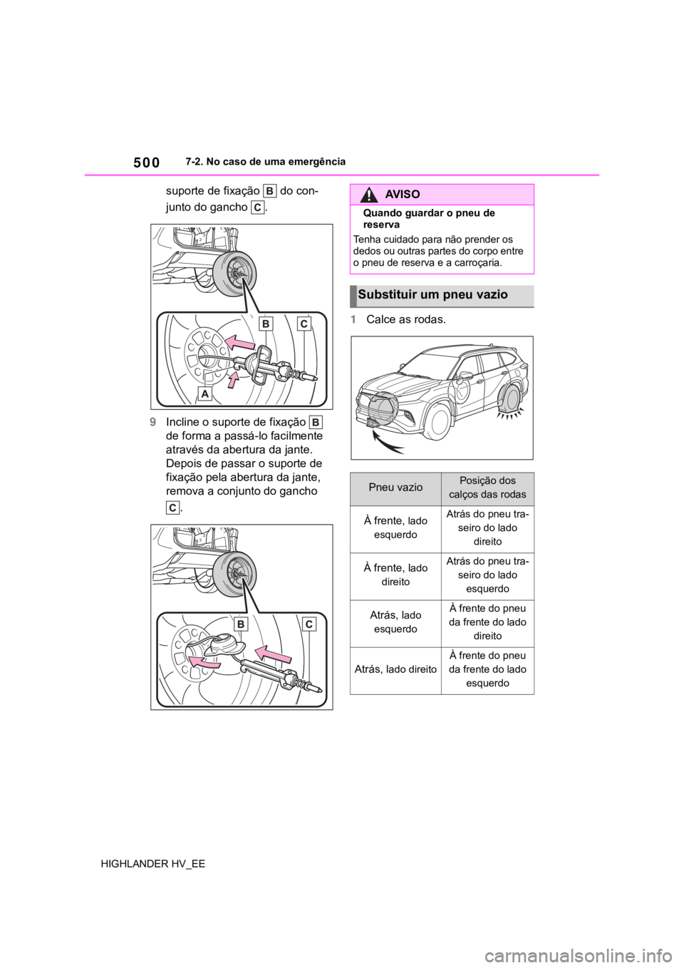 TOYOTA HIGHLANDER 2020 Manual de utilização (in Portuguese) 5007-2. No caso de uma emergência
HIGHLANDER HV_EE
suporte de fixação do con-
junto do gancho .
9Incline o suporte de fixação
de forma a passá-lo facilmente
através da abertura da jante. TOYOTA HIGHLANDER 2020 Manual de utilização (in Portuguese) 5007-2. No caso de uma emergência
HIGHLANDER HV_EE
suporte de fixação do con-
junto do gancho .
9Incline o suporte de fixação
de forma a passá-lo facilmente
através da abertura da jante.