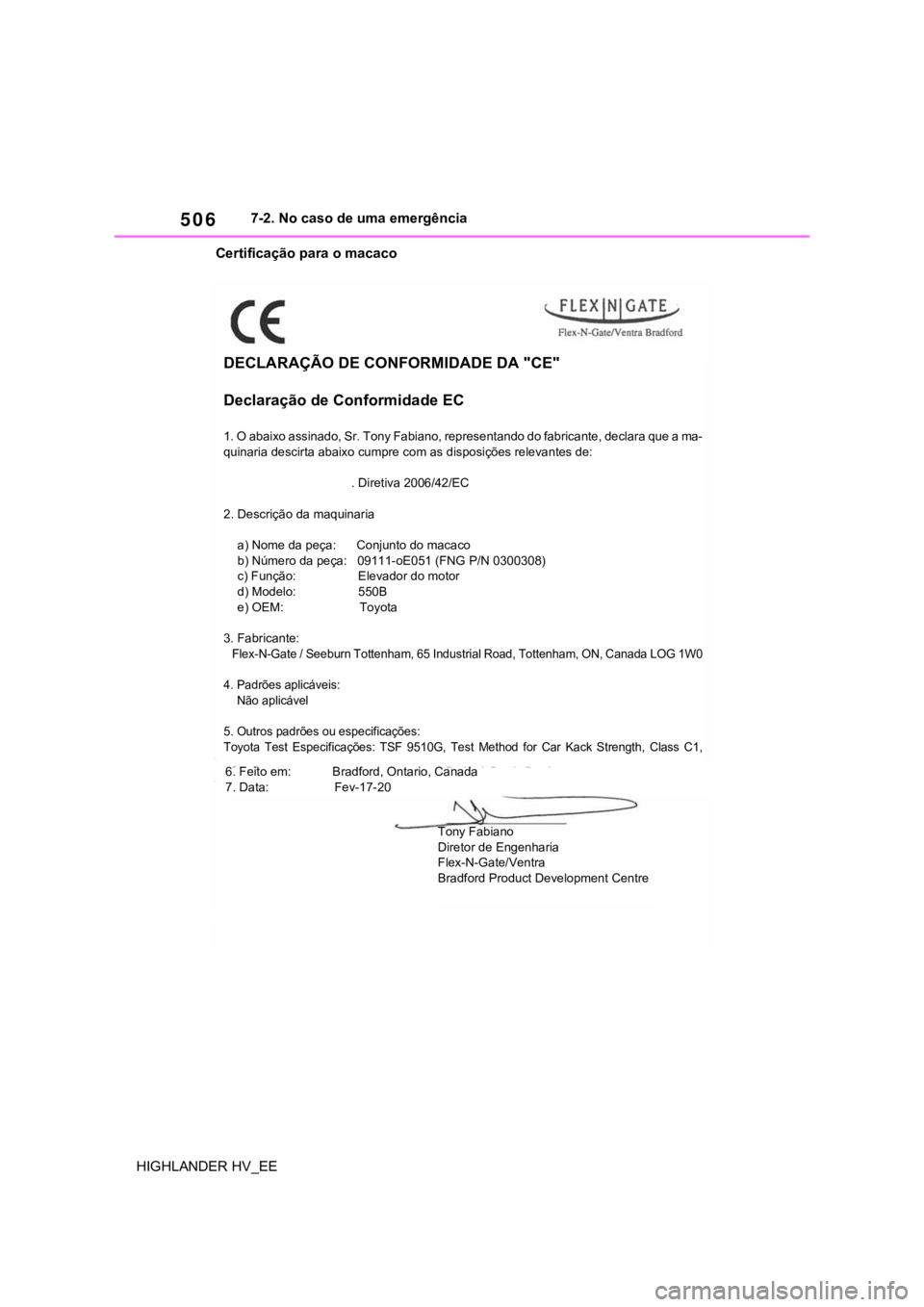 TOYOTA HIGHLANDER 2020  Manual de utilização (in Portuguese) 5067-2. No caso de uma emergência
HIGHLANDER HV_EECertificação para o macaco
DECLARAÇÃO DE CONFORMIDADE DA "CE"
Declaração de Conformidade EC
1. O abaixo assinado, Sr. Tony Fabiano, rep