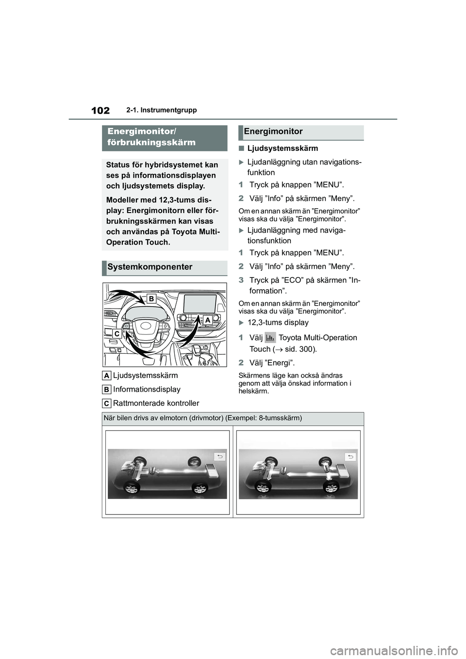 TOYOTA HIGHLANDER 2020 Bruksanvisningar (in Swedish) 1022-1. Instrumentgrupp
HIGHLANDER HV_EE_OM48G42SE
Ljudsystemsskärm
Informationsdisplay
Rattmonterade kontroller
nLjudsystemsskärm
Ljudanläggning utan navigations-
funktion
1 Tryck på knappen TOYOTA HIGHLANDER 2020 Bruksanvisningar (in Swedish) 1022-1. Instrumentgrupp
HIGHLANDER HV_EE_OM48G42SE
Ljudsystemsskärm
Informationsdisplay
Rattmonterade kontroller
nLjudsystemsskärm
Ljudanläggning utan navigations-
funktion
1 Tryck på knappen