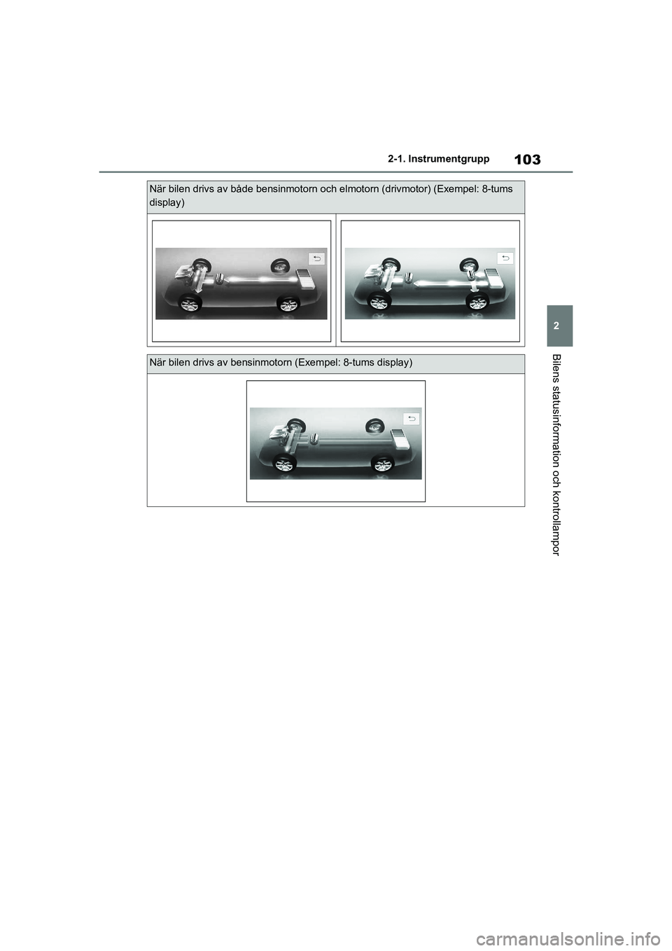 TOYOTA HIGHLANDER 2020 Bruksanvisningar (in Swedish) 103
2
2-1. Instrumentgrupp
Bilens statusinformation och kontrollampor
HIGHLANDER HV_EE_OM48G42SE
När bilen drivs av både bensinmotorn och elmotorn (drivmotor) (Exempel: 8-tums
display)
När bilen d TOYOTA HIGHLANDER 2020 Bruksanvisningar (in Swedish) 103
2
2-1. Instrumentgrupp
Bilens statusinformation och kontrollampor
HIGHLANDER HV_EE_OM48G42SE
När bilen drivs av både bensinmotorn och elmotorn (drivmotor) (Exempel: 8-tums
display)
När bilen d