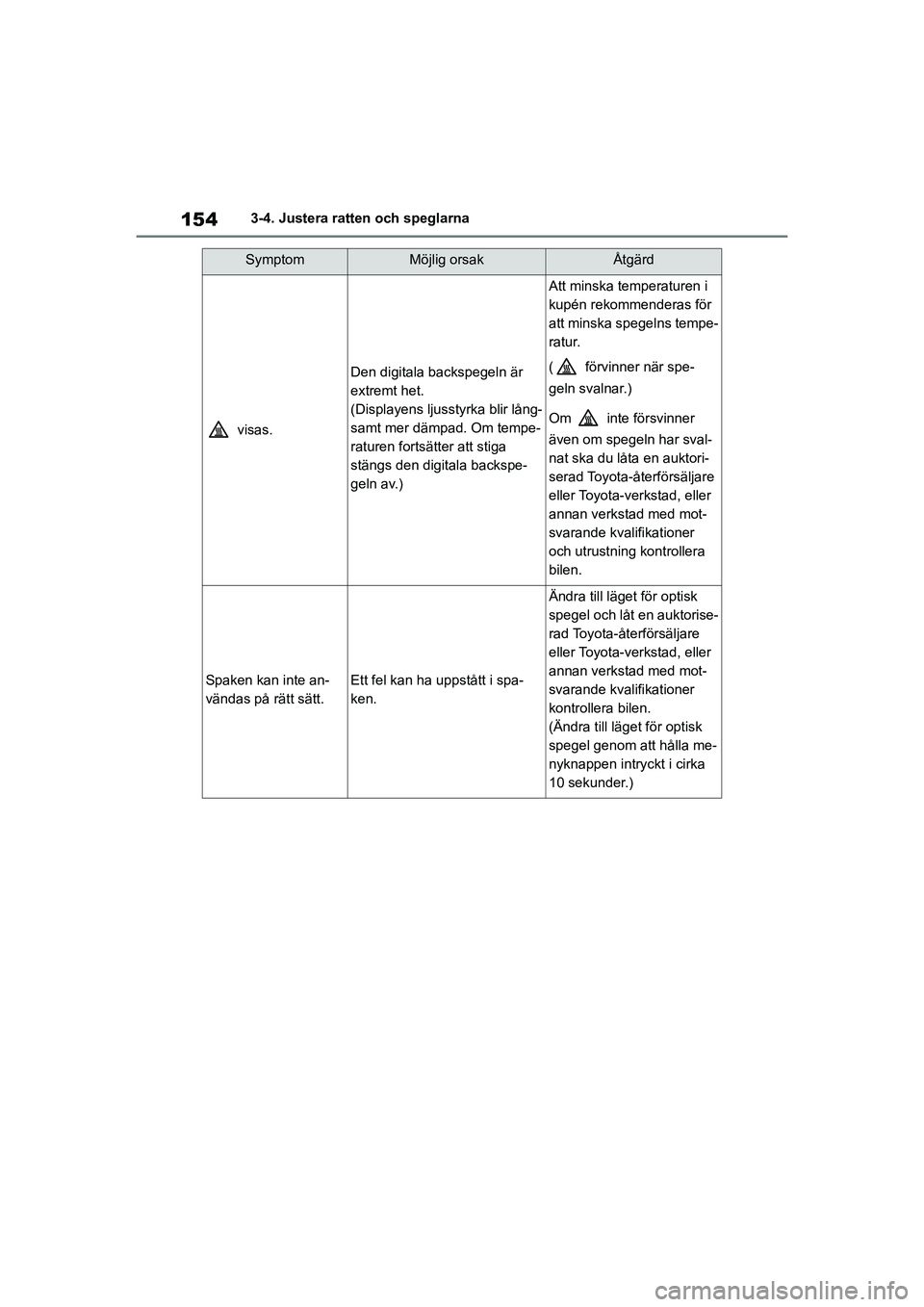 TOYOTA HIGHLANDER 2020  Bruksanvisningar (in Swedish) 1543-4. Justera ratten och speglarna
HIGHLANDER HV_EE_OM48G42SE
 visas.
Den digitala backspegeln är 
extremt het.
(Displayens ljusstyrka blir lång-
samt mer dämpad. Om tempe-
raturen fortsätter at