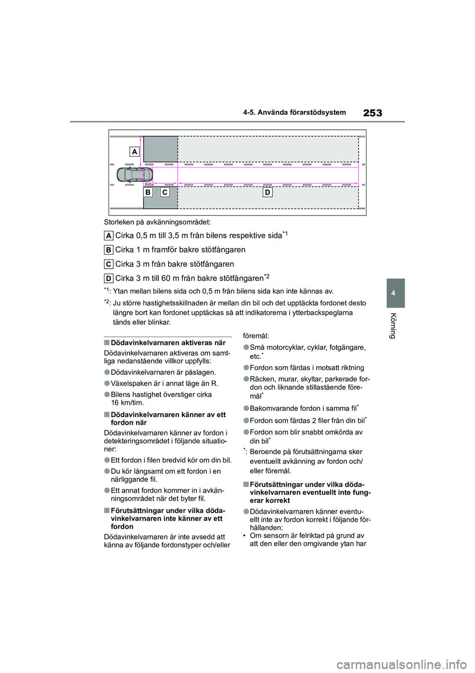 TOYOTA HIGHLANDER 2020 Bruksanvisningar (in Swedish) 253
4
4-5. Använda förarstödsystem
Körning
HIGHLANDER HV_EE_OM48G42SE Storleken på avkänningsområdet:
Cirka 0,5 m till 3,5 m från bilens respektive sida*1
Cirka 1 m framför bakre stötfångar TOYOTA HIGHLANDER 2020 Bruksanvisningar (in Swedish) 253
4
4-5. Använda förarstödsystem
Körning
HIGHLANDER HV_EE_OM48G42SE Storleken på avkänningsområdet:
Cirka 0,5 m till 3,5 m från bilens respektive sida*1
Cirka 1 m framför bakre stötfångar