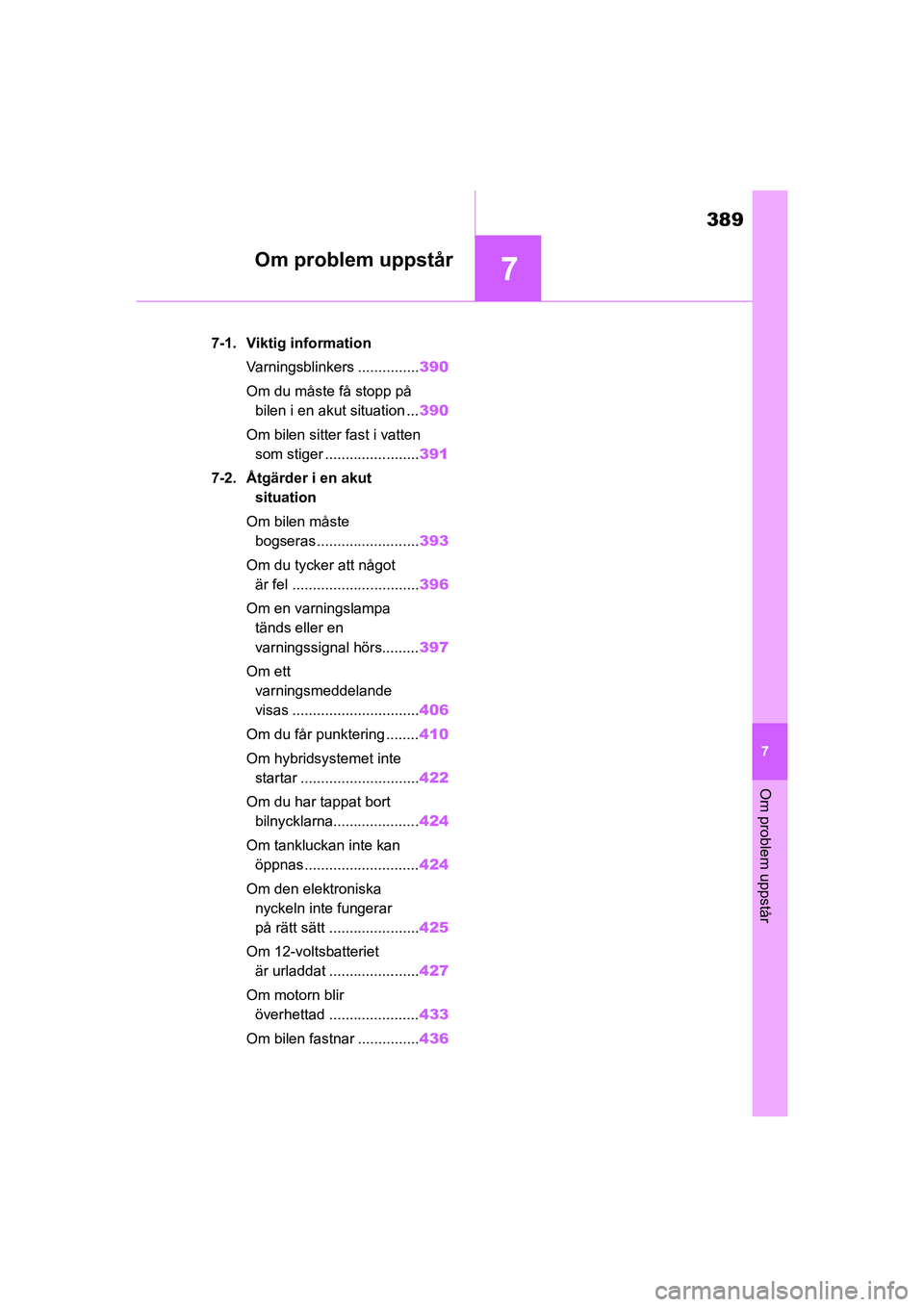 TOYOTA HIGHLANDER 2020  Bruksanvisningar (in Swedish) 7
389
Om problem uppstår
7
HIGHLANDER HV_EE_OM48G42SE
Om problem uppstår
.7-1. Viktig information Varningsblinkers ............... 390
Om du måste få stopp på  bilen i en akut situation ... 390
O