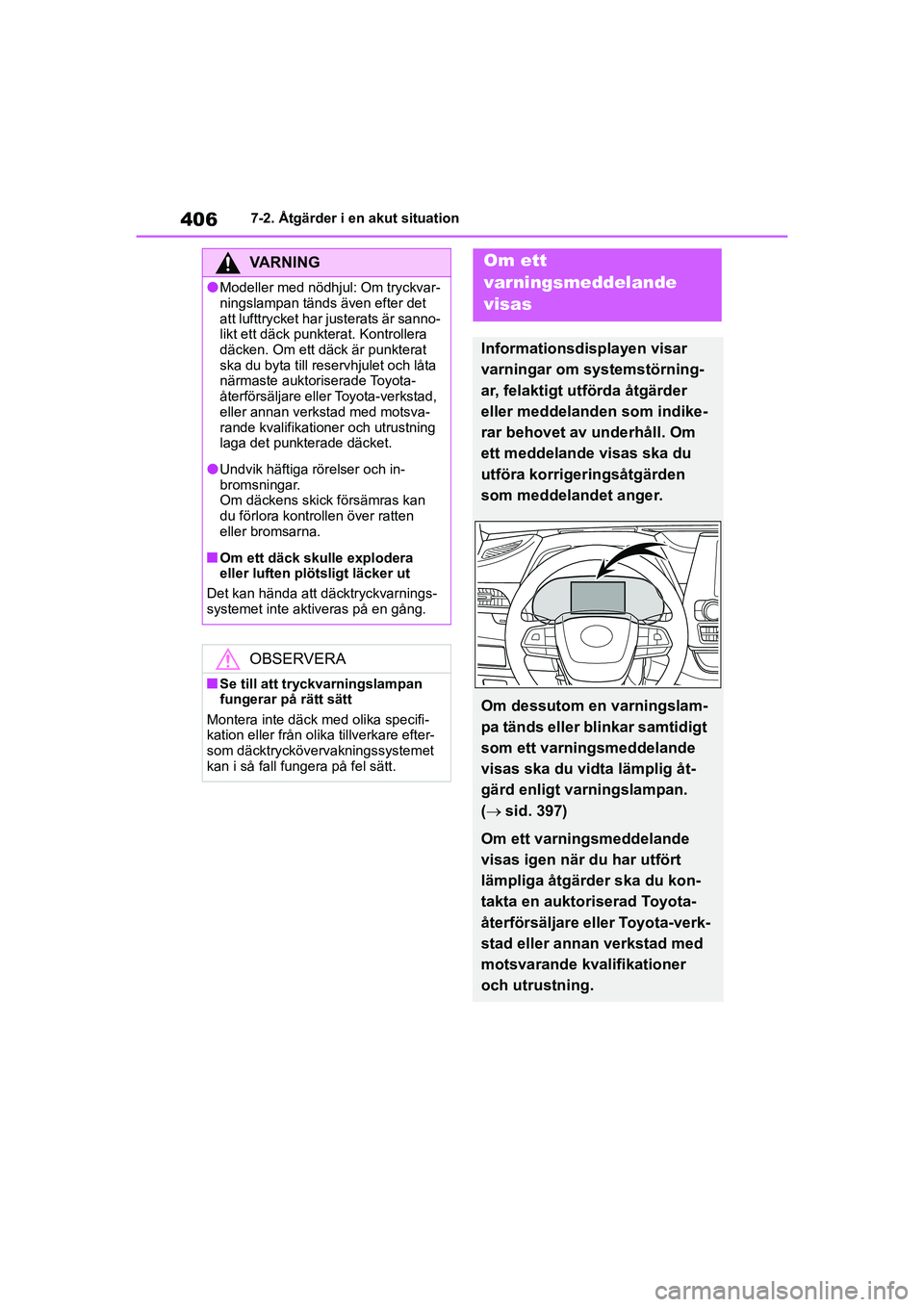 TOYOTA HIGHLANDER 2020 Bruksanvisningar (in Swedish) 4067-2. Åtgärder i en akut situation
HIGHLANDER HV_EE_OM48G42SE
VARNING
lModeller med nödhjul: Om tryckvar-
ningslampan tänds även efter det
att lufttrycket har justerats är sanno-
likt ett dä TOYOTA HIGHLANDER 2020 Bruksanvisningar (in Swedish) 4067-2. Åtgärder i en akut situation
HIGHLANDER HV_EE_OM48G42SE
VARNING
lModeller med nödhjul: Om tryckvar-
ningslampan tänds även efter det
att lufttrycket har justerats är sanno-
likt ett dä