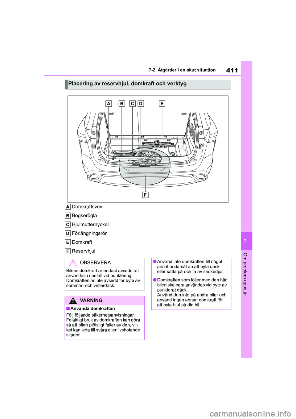 TOYOTA HIGHLANDER 2020 Bruksanvisningar (in Swedish) 411
7
7-2. Åtgärder i en akut situation
Om problem uppstår
HIGHLANDER HV_EE_OM48G42SE
Domkraftsvev
Bogserögla
Hjulmutternyckel
Förlängningsrör
Domkraft
Reservhjul
Placering av reservhjul, domkr TOYOTA HIGHLANDER 2020 Bruksanvisningar (in Swedish) 411
7
7-2. Åtgärder i en akut situation
Om problem uppstår
HIGHLANDER HV_EE_OM48G42SE
Domkraftsvev
Bogserögla
Hjulmutternyckel
Förlängningsrör
Domkraft
Reservhjul
Placering av reservhjul, domkr