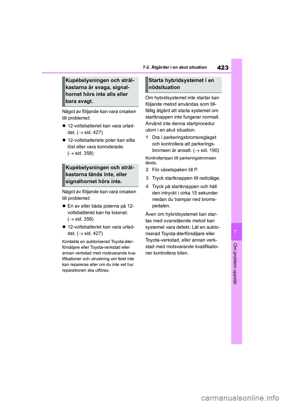 TOYOTA HIGHLANDER 2020 Bruksanvisningar (in Swedish) 423
7
7-2. Åtgärder i en akut situation
Om problem uppstår
HIGHLANDER HV_EE_OM48G42SE
Något av följande kan vara orsaken
till problemet:
12-voltsbatteriet kan vara urlad-
dat. ( sid. 427 TOYOTA HIGHLANDER 2020 Bruksanvisningar (in Swedish) 423
7
7-2. Åtgärder i en akut situation
Om problem uppstår
HIGHLANDER HV_EE_OM48G42SE
Något av följande kan vara orsaken
till problemet:
12-voltsbatteriet kan vara urlad-
dat. ( sid. 427