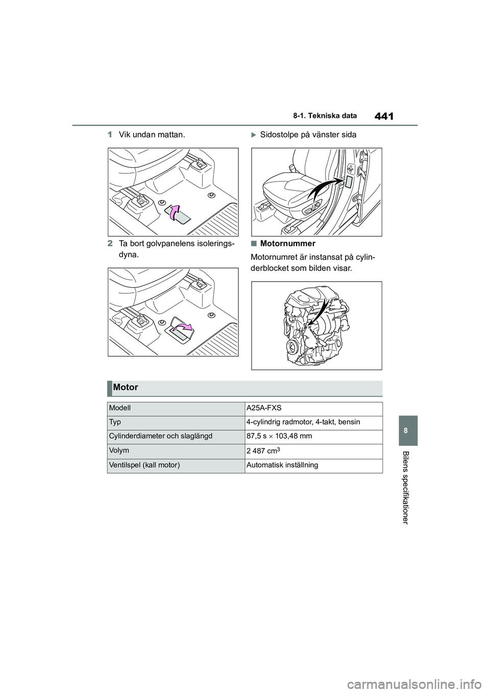 TOYOTA HIGHLANDER 2020 Bruksanvisningar (in Swedish) 441
8
8-1. Tekniska data
Bilens specifikationer
HIGHLANDER HV_EE_OM48G42SE
1
Vik undan mattan.
2 Ta bort golvpanelens isolerings-
dyna.Sidostolpe på vänster sida
nMotornummer
Motornumret är inst TOYOTA HIGHLANDER 2020 Bruksanvisningar (in Swedish) 441
8
8-1. Tekniska data
Bilens specifikationer
HIGHLANDER HV_EE_OM48G42SE
1
Vik undan mattan.
2 Ta bort golvpanelens isolerings-
dyna.Sidostolpe på vänster sida
nMotornummer
Motornumret är inst