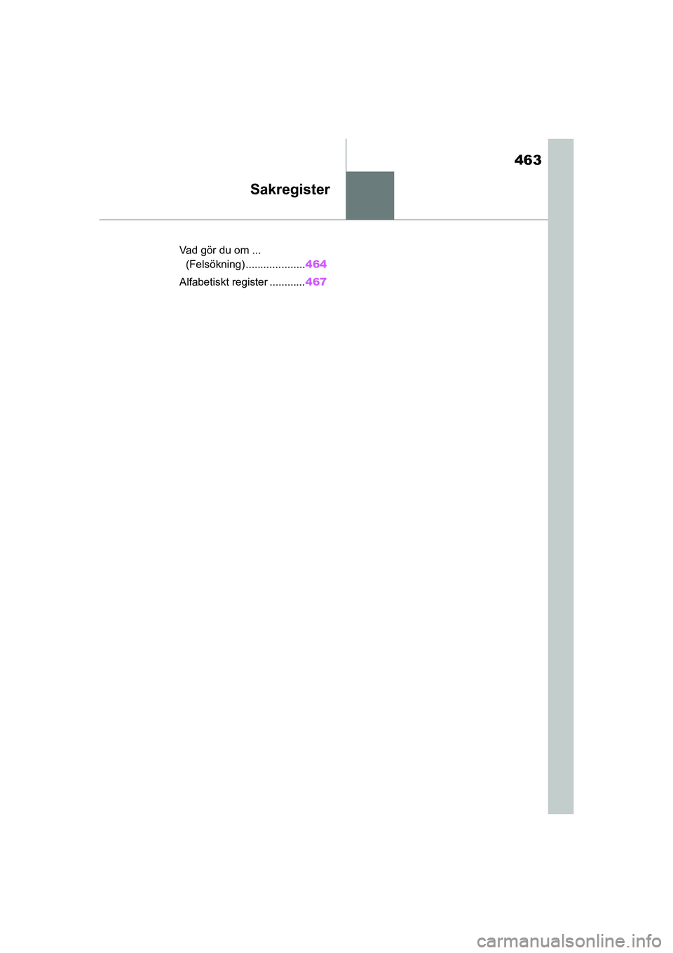 TOYOTA HIGHLANDER 2020 Bruksanvisningar (in Swedish) 463
HIGHLANDER HV_EE_OM48G42SE
Sakregister
.Vad gör du om ... (Felsökning) .................... 464
Alfabetiskt register ............ 467
OM48G42SE.book Page 463 Frid ay, November 27, 2020 1:43 P TOYOTA HIGHLANDER 2020 Bruksanvisningar (in Swedish) 463
HIGHLANDER HV_EE_OM48G42SE
Sakregister
.Vad gör du om ... (Felsökning) .................... 464
Alfabetiskt register ............ 467
OM48G42SE.book Page 463 Frid ay, November 27, 2020 1:43 P