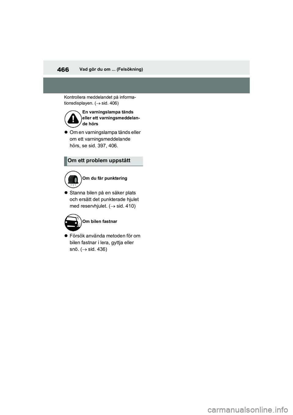 TOYOTA HIGHLANDER 2020 Bruksanvisningar (in Swedish) 466Vad gör du om ... (Felsökning)
HIGHLANDER HV_EE_OM48G42SE Kontrollera meddelandet på informa-
tionsdisplayen. (
sid. 406)
Om en varningslampa tänds eller
om ett varningsmeddelande
hörs TOYOTA HIGHLANDER 2020 Bruksanvisningar (in Swedish) 466Vad gör du om ... (Felsökning)
HIGHLANDER HV_EE_OM48G42SE Kontrollera meddelandet på informa-
tionsdisplayen. (
sid. 406)
Om en varningslampa tänds eller
om ett varningsmeddelande
hörs