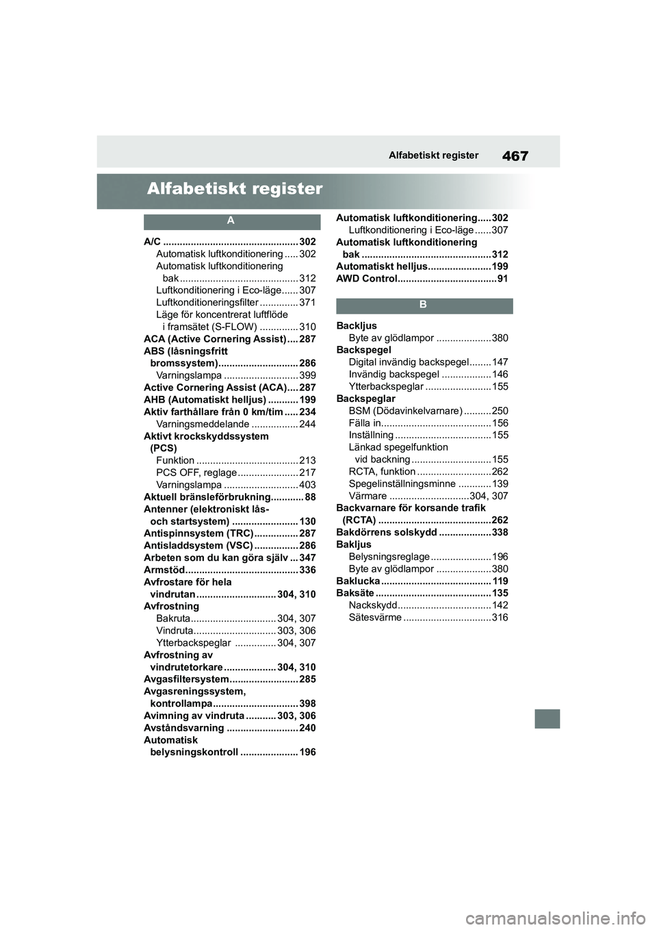 TOYOTA HIGHLANDER 2020 Bruksanvisningar (in Swedish) 467Alfabetiskt register
HIGHLANDER HV_EE_OM48G42SE
Alfabetiskt register
A
A/C ................................................. 302Automatisk luftkonditionering ..... 302
Automatisk luftkonditionering TOYOTA HIGHLANDER 2020 Bruksanvisningar (in Swedish) 467Alfabetiskt register
HIGHLANDER HV_EE_OM48G42SE
Alfabetiskt register
A
A/C ................................................. 302Automatisk luftkonditionering ..... 302
Automatisk luftkonditionering
