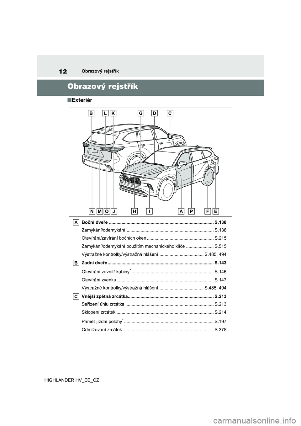 TOYOTA HIGHLANDER 2020  Návod na použití (in Czech) 12Obrazový rejstřík 
HIGHLANDER HV_EE_CZ
Obrazový rejstřík
■ Exteriér
Boční dveře ................................................................................... S.138 
Zamykání/odem