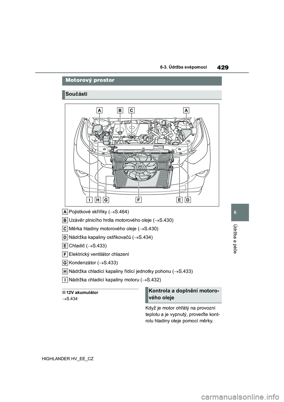 TOYOTA HIGHLANDER 2020 Návod na použití (in Czech) 429
6
6-3. Údržba svépomocí
Údržba a péče
HIGHLANDER HV_EE_CZ
Pojistkové skříňky ( S.464)
Uzávěr plnicího hrdla motorového oleje ( S.430)
Měrka hladiny motorového oleje ( TOYOTA HIGHLANDER 2020 Návod na použití (in Czech) 429
6
6-3. Údržba svépomocí
Údržba a péče
HIGHLANDER HV_EE_CZ
Pojistkové skříňky ( S.464)
Uzávěr plnicího hrdla motorového oleje ( S.430)
Měrka hladiny motorového oleje (