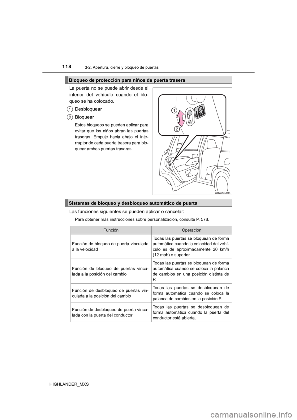 TOYOTA HIGHLANDER 2019  Manual del propietario (in Spanish) 1183-2. Apertura, cierre y bloqueo de puertas
HIGHLANDER_MXS
La  puerta  no  se  puede  abrir  desde  el
interior  del  vehículo  cuando  el  blo-
queo se ha colocado.Desbloquear
Bloquear
Estos bloqu