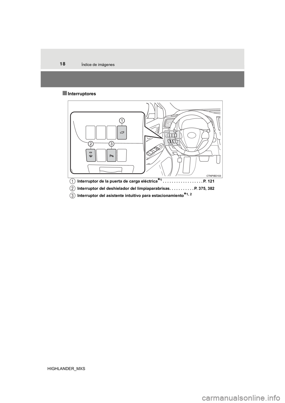 TOYOTA HIGHLANDER 2019  Manual del propietario (in Spanish) 18Índice de imágenes
HIGHLANDER_MXS
■Interruptores
Interruptor de la puerta de carga eléctrica*1. . . . . . . . . . . . . . . . . . P. 121
Interruptor del deshielador del limpiaparabrisas. . . . 