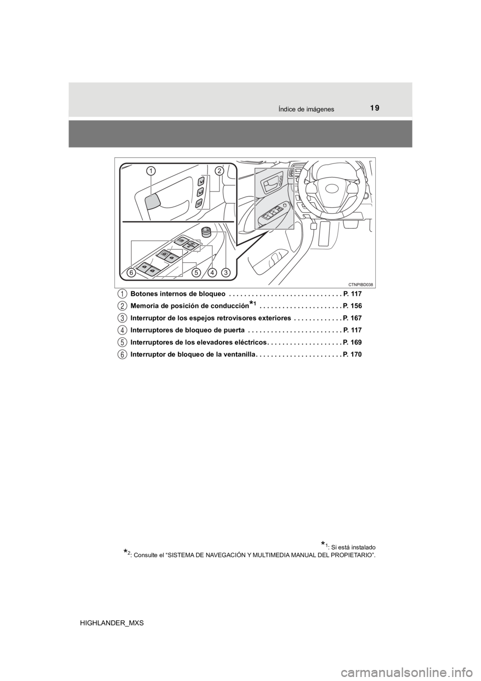 TOYOTA HIGHLANDER 2019  Manual del propietario (in Spanish) 19Índice de imágenes
HIGHLANDER_MXSBotones internos de bloqueo  . . . . . . . . . . . . . . . . . .
 . . . . . . . . . . . . P. 117
Memoria de posición de conducción
*1 . . . . . . . . . . . . . .