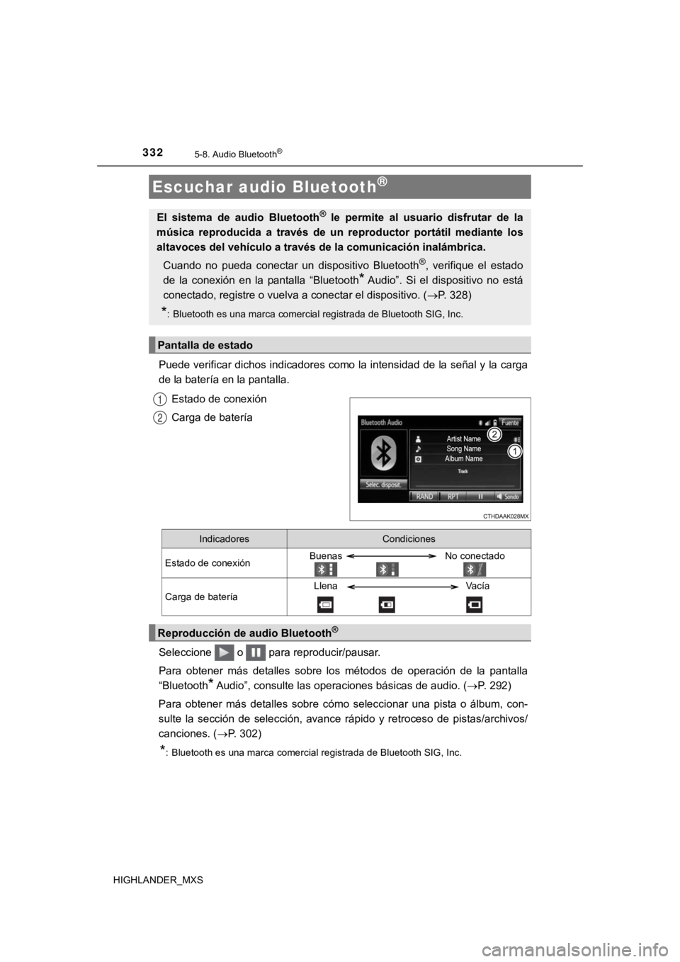 TOYOTA HIGHLANDER 2019  Manual del propietario (in Spanish) 332
HIGHLANDER_MXS
5-8. Audio Bluetooth®
Puede verificar dichos indicadores como la intensidad de la señal y la carga
de la batería en la pantalla.
Estado de conexión
Carga de batería
Seleccione 