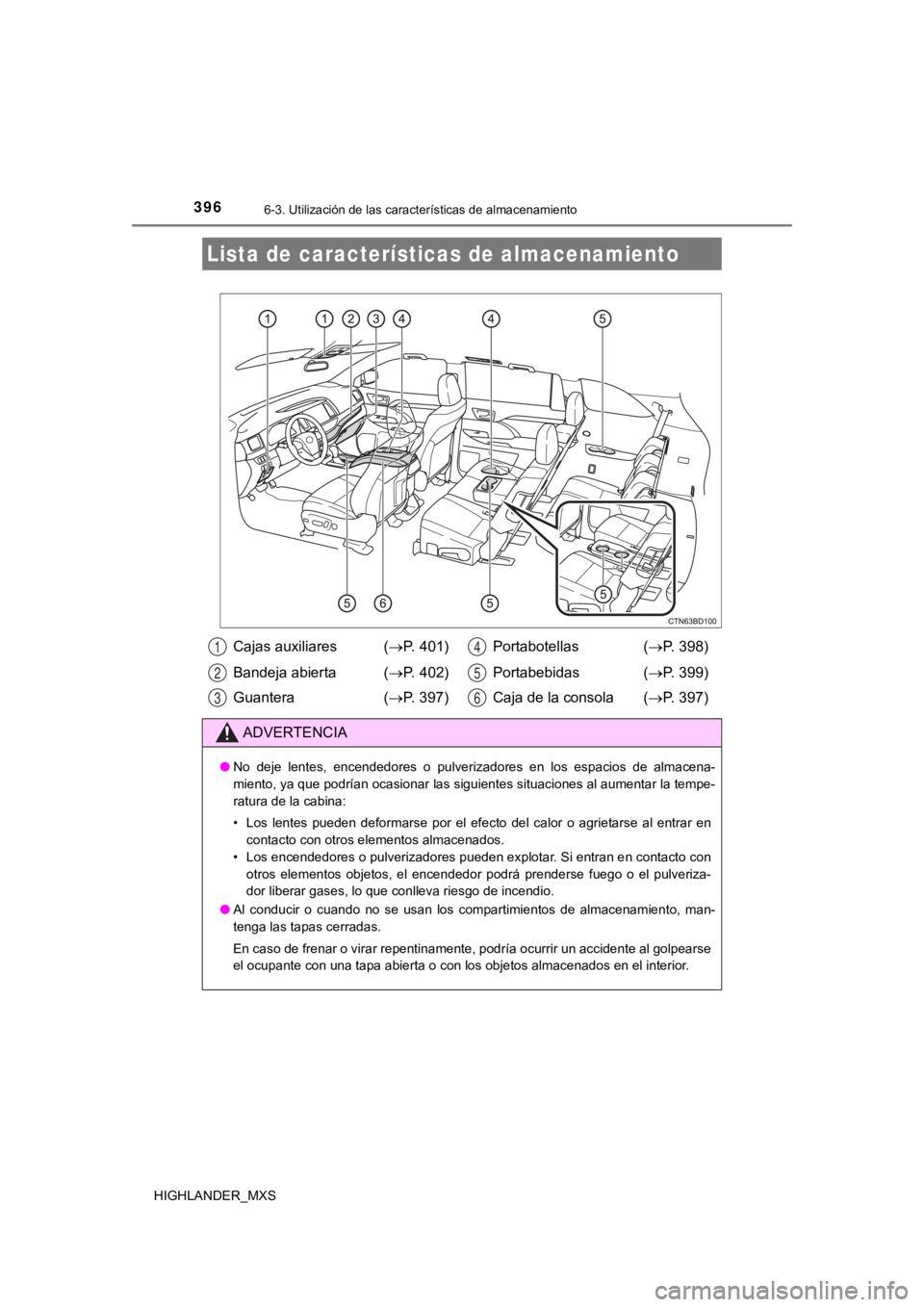 TOYOTA HIGHLANDER 2019 Manual del propietario (in Spanish) 396
HIGHLANDER_MXS
6-3. Utilización de las características de almacenamiento
Lista de características de almacenamiento
Cajas auxiliares (P. 401)
Bandeja abierta ( P. 402)
Guantera (P. 39 TOYOTA HIGHLANDER 2019 Manual del propietario (in Spanish) 396
HIGHLANDER_MXS
6-3. Utilización de las características de almacenamiento
Lista de características de almacenamiento
Cajas auxiliares (P. 401)
Bandeja abierta ( P. 402)
Guantera (P. 39
