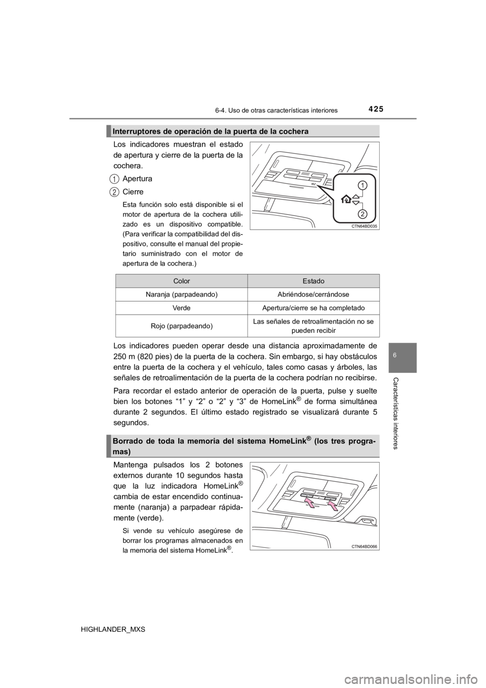 TOYOTA HIGHLANDER 2019 Manual del propietario (in Spanish) 4256-4. Uso de otras características interiores
6
Características interiores
HIGHLANDER_MXS
Los indicadores muestran el estado
de apertura y cierre de la puerta de la
cochera.Apertura
Cierre
Est TOYOTA HIGHLANDER 2019 Manual del propietario (in Spanish) 4256-4. Uso de otras características interiores
6
Características interiores
HIGHLANDER_MXS
Los indicadores muestran el estado
de apertura y cierre de la puerta de la
cochera.Apertura
Cierre
Est