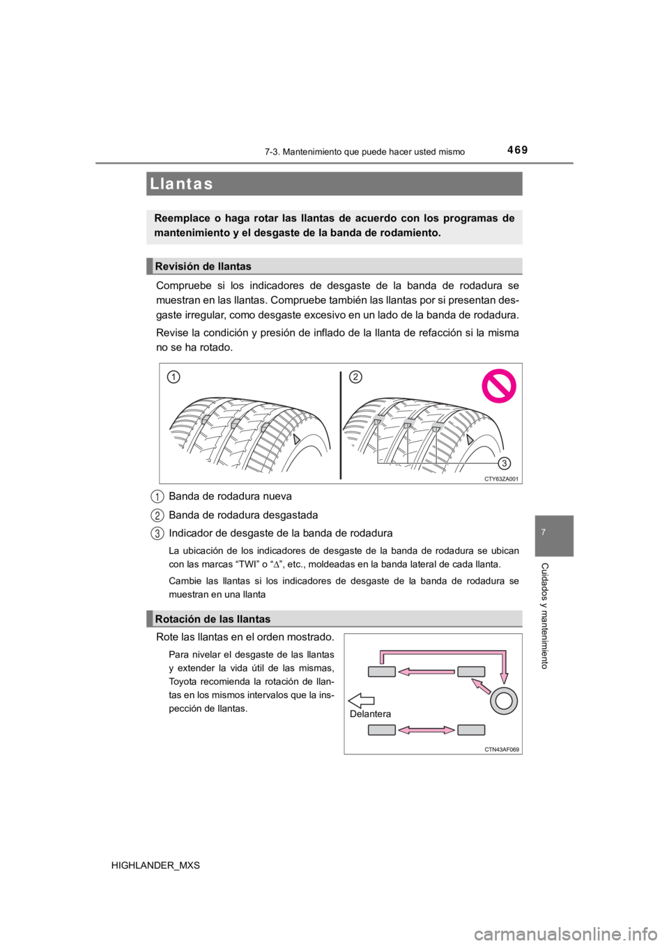 TOYOTA HIGHLANDER 2019 Manual del propietario (in Spanish) 4697-3. Mantenimiento que puede hacer usted mismo
7
Cuidados y mantenimiento
HIGHLANDER_MXS
Compruebe si los indicadores de desgaste de la banda de rodadura se
muestran en las llantas. Comp TOYOTA HIGHLANDER 2019 Manual del propietario (in Spanish) 4697-3. Mantenimiento que puede hacer usted mismo
7
Cuidados y mantenimiento
HIGHLANDER_MXS
Compruebe si los indicadores de desgaste de la banda de rodadura se
muestran en las llantas. Comp