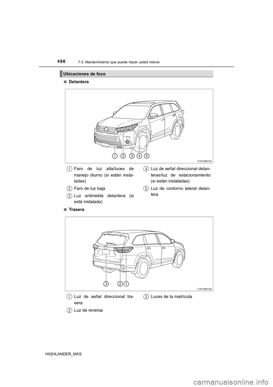 TOYOTA HIGHLANDER 2019  Manual del propietario (in Spanish) 4867-3. Mantenimiento que puede hacer usted mismo
HIGHLANDER_MXS■
Delantera
■Trasera
Ubicaciones de foco
Faro  de  luz  alta/luces  de
manejo  diurno  (si  están  insta-
ladas)
Faro de luz baja
L