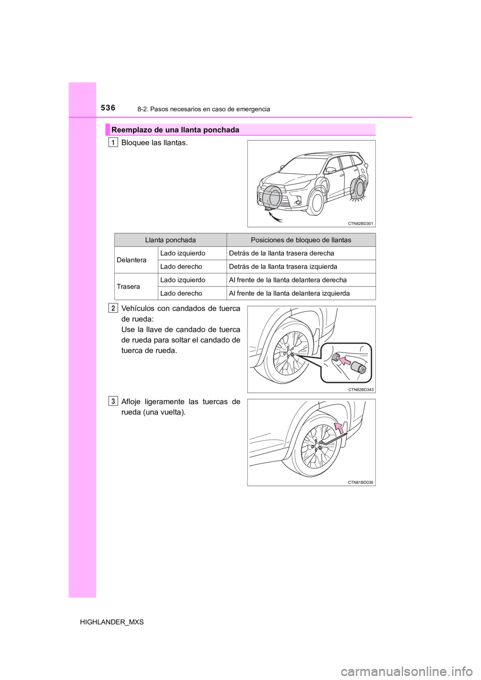 TOYOTA HIGHLANDER 2019 Manual del propietario (in Spanish) 5368-2. Pasos necesarios en caso de emergencia
HIGHLANDER_MXS
Bloquee las llantas.
Vehículos con candados de tuerca
de rueda:
Use la llave de candado de tuerca
de rueda para soltar el cand TOYOTA HIGHLANDER 2019 Manual del propietario (in Spanish) 5368-2. Pasos necesarios en caso de emergencia
HIGHLANDER_MXS
Bloquee las llantas.
Vehículos con candados de tuerca
de rueda:
Use la llave de candado de tuerca
de rueda para soltar el cand