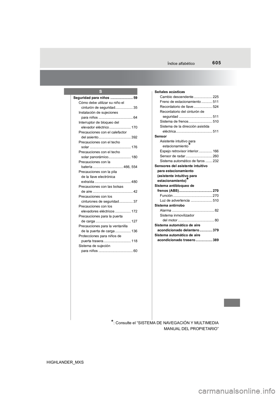 TOYOTA HIGHLANDER 2019 Manual del propietario (in Spanish) 605Índice alfabético
HIGHLANDER_MXS
Seguridad para niños ....................... 59Cómo debe utilizar su niño el cinturón de seguridad.................. 35
Instalación de sujeciones para niño TOYOTA HIGHLANDER 2019 Manual del propietario (in Spanish) 605Índice alfabético
HIGHLANDER_MXS
Seguridad para niños ....................... 59Cómo debe utilizar su niño el cinturón de seguridad.................. 35
Instalación de sujeciones para niño