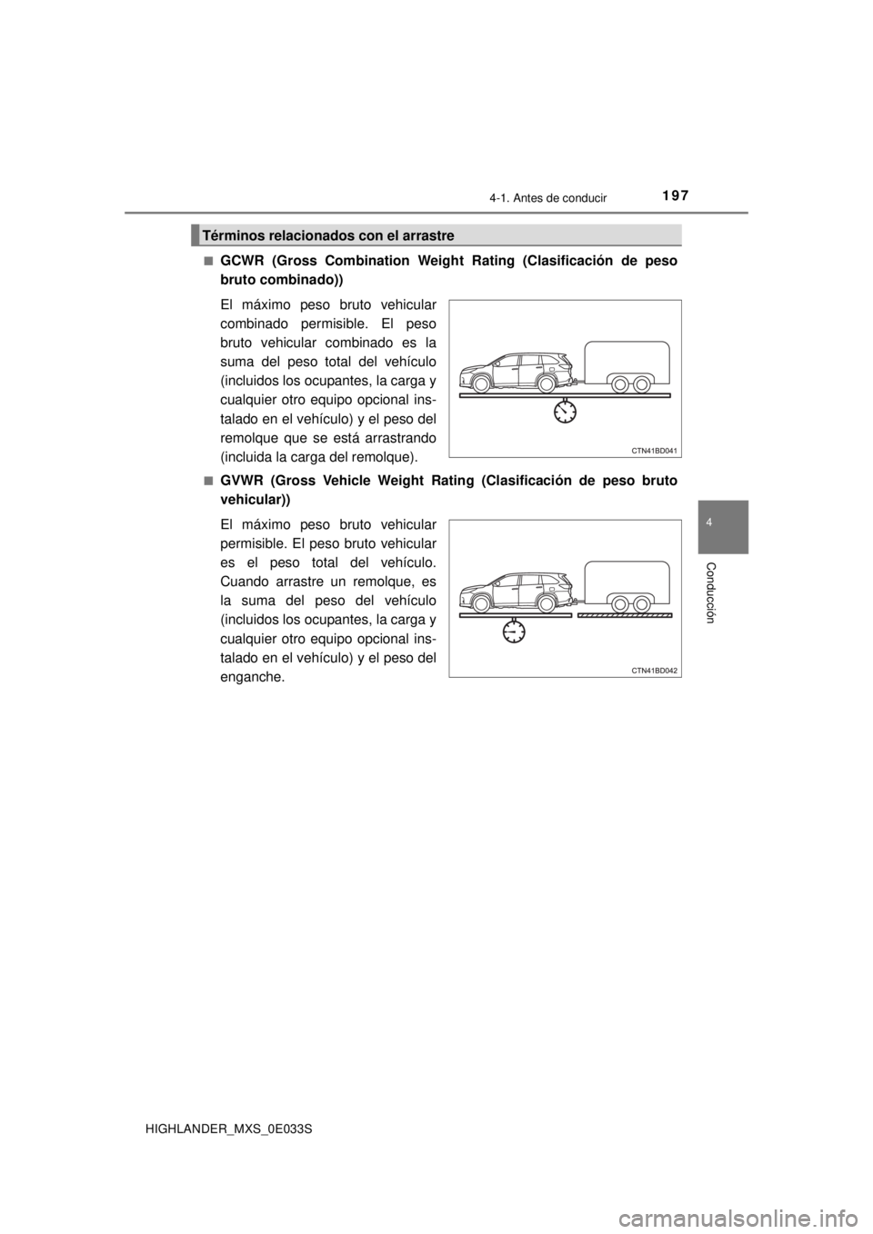TOYOTA HIGHLANDER 2018  Manual del propietario (in Spanish) 1974-1. Antes de conducir
4
Conducción
HIGHLANDER_MXS_0E033S■
GCWR (Gross Combination Weight Rating (Clasificación de peso
bruto combinado))
El máximo peso bruto vehicular
combinado permisible. E